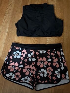 Black Floral Tankini Swimsuit Set 🌺 High Waisted Shorts & Crop Top | XL 🌸